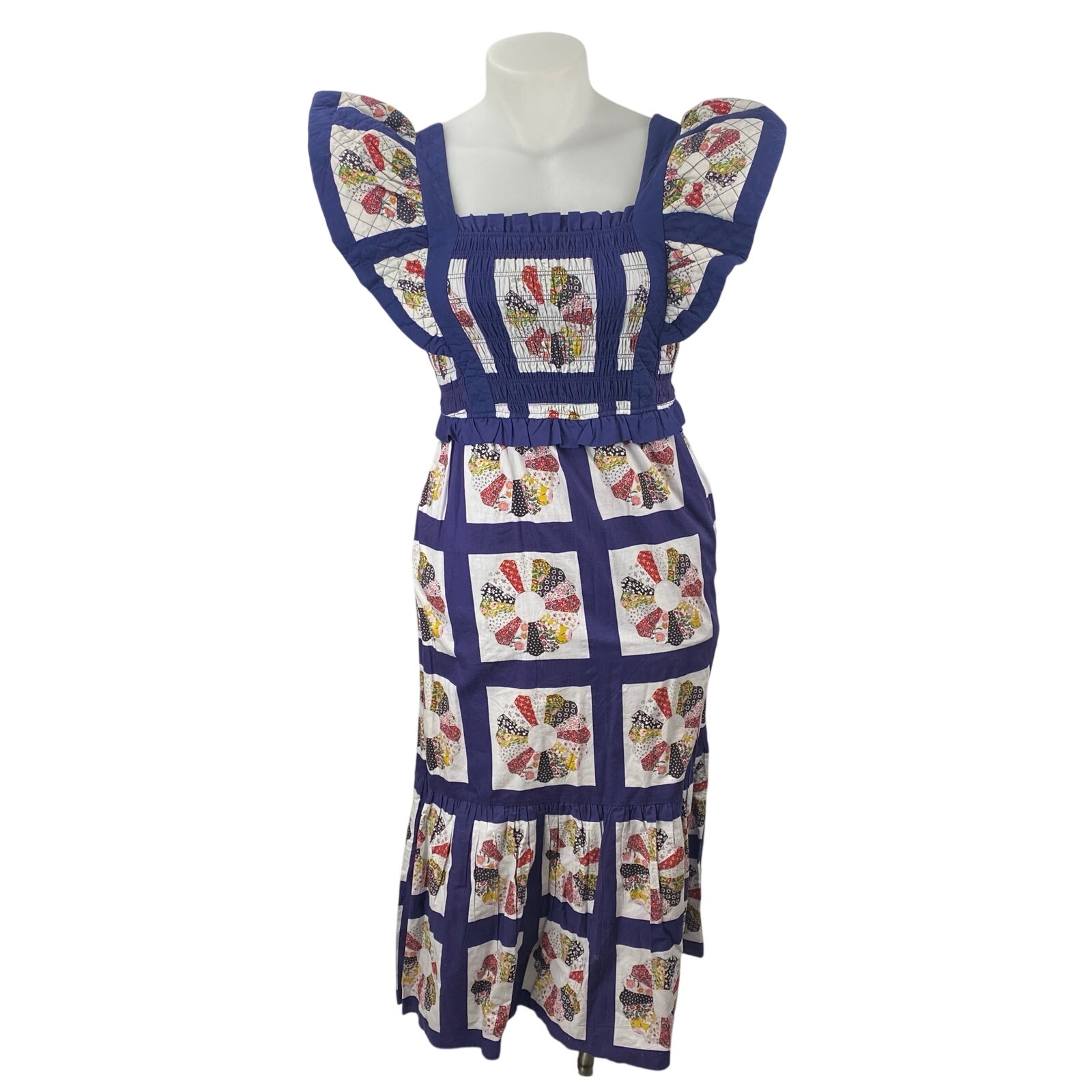Sea Pippin Blue Floral Patchwork Ruffle Smocked Apron A Line Maxi Dress Size 6